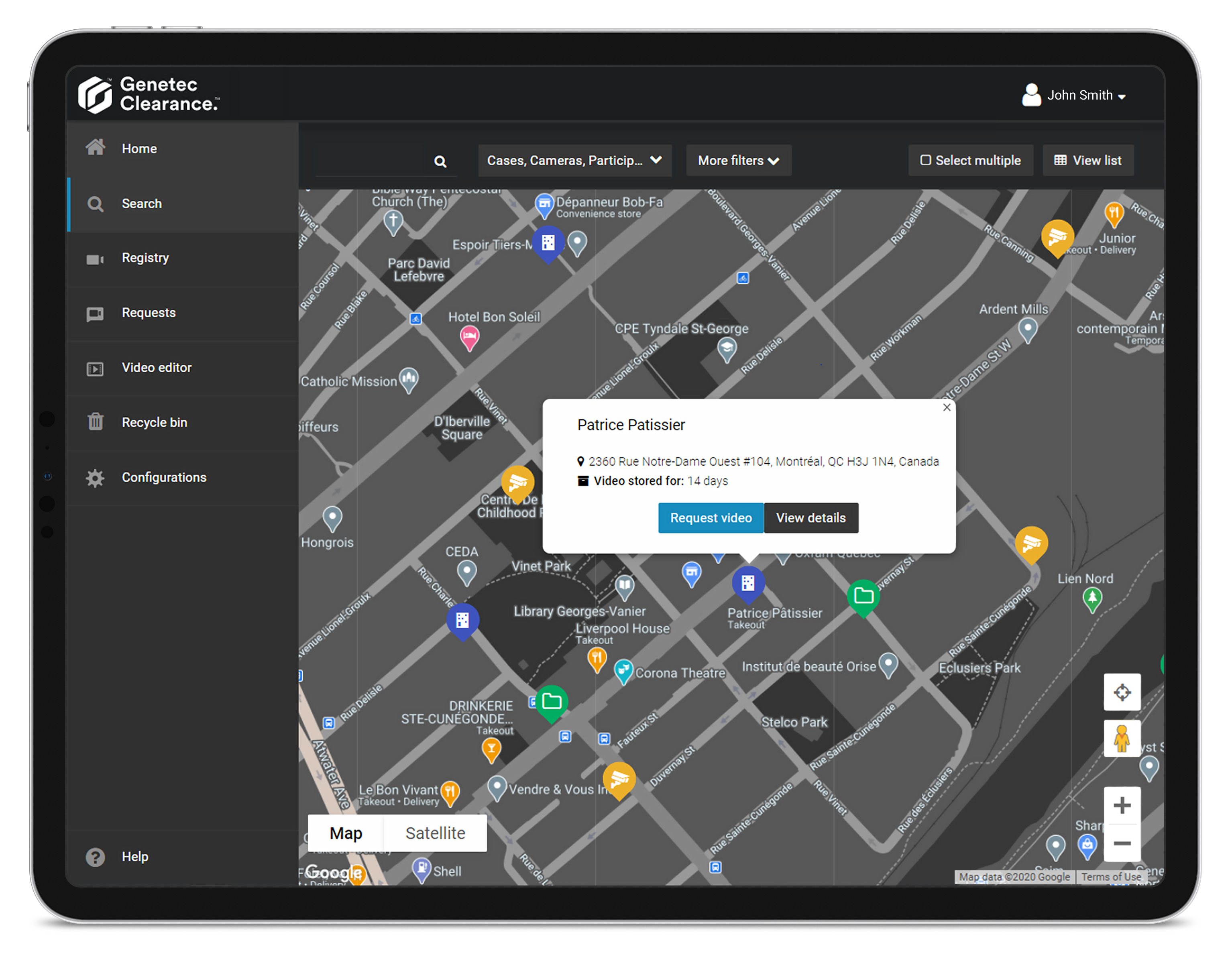 Genetec Clearance Camera Registry: With participant cameras added to the registry, users can quickly locate new sources of evidence without leaving the precinct