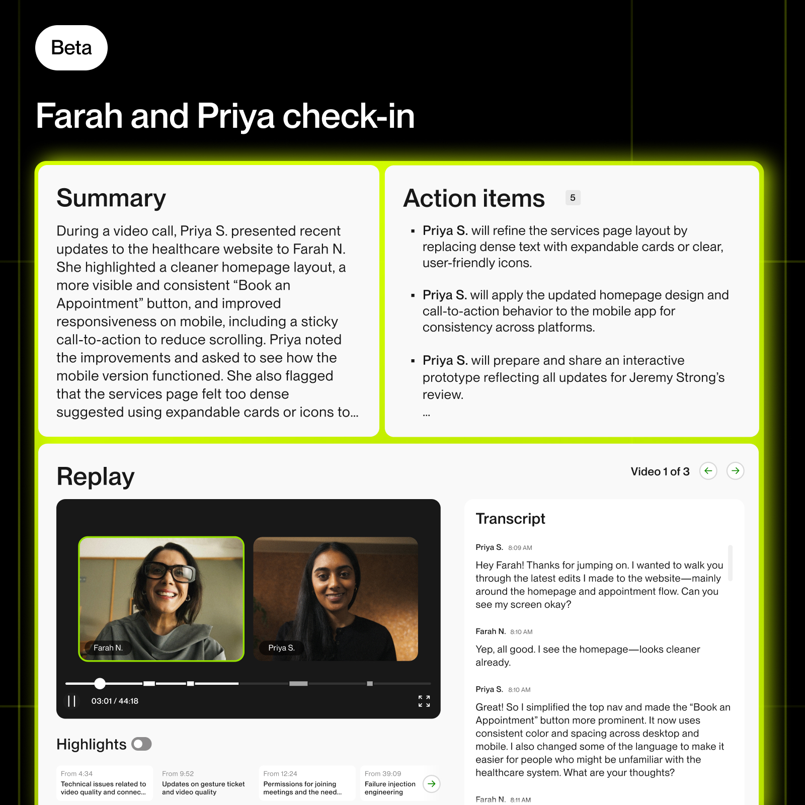 Upwork video meetings, integrated right into the Upwork messaging platform, provide AI-generated summaries, transcripts, recordings and action items to businesses and freelancers after every virtual meeting, boosting productivity, clarity, and collaboration.
