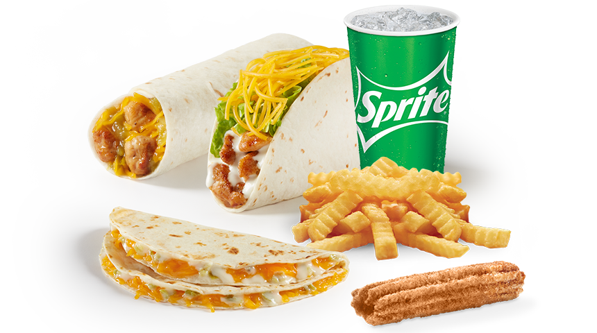 $7.49 Chicken Lover’s Mucho Meal: Enjoy our Chicken Lover’s Mucho Meal with a Grilled Chicken Taco, a Chicken Cheddar Roller with choice of green sauce, ranch or chipotle, a Snack Queso Quesadilla, a Mini Cinnamon Churro, small Crinkle Cut Fries, and a 16oz Fountain Drink for only $7.49!