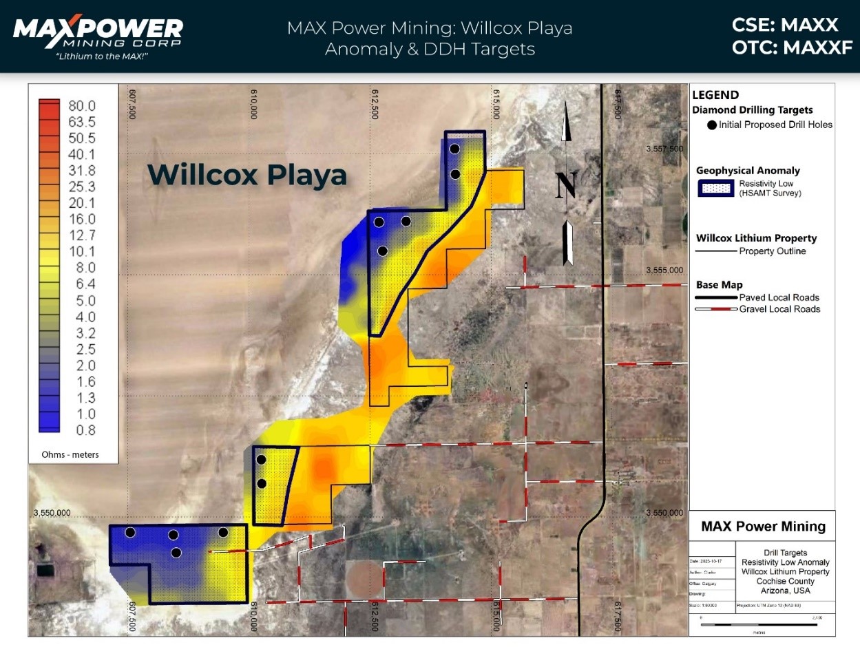 Figure 2 Resistivity Low Anomalies and drill targets at Willcox Playa, Arizona