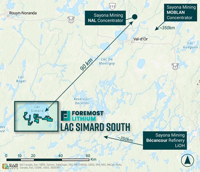 Lac Simard South Property Claims with surrounding concentrators and refineries. Total – 11,482 acres/4,647 hectares.