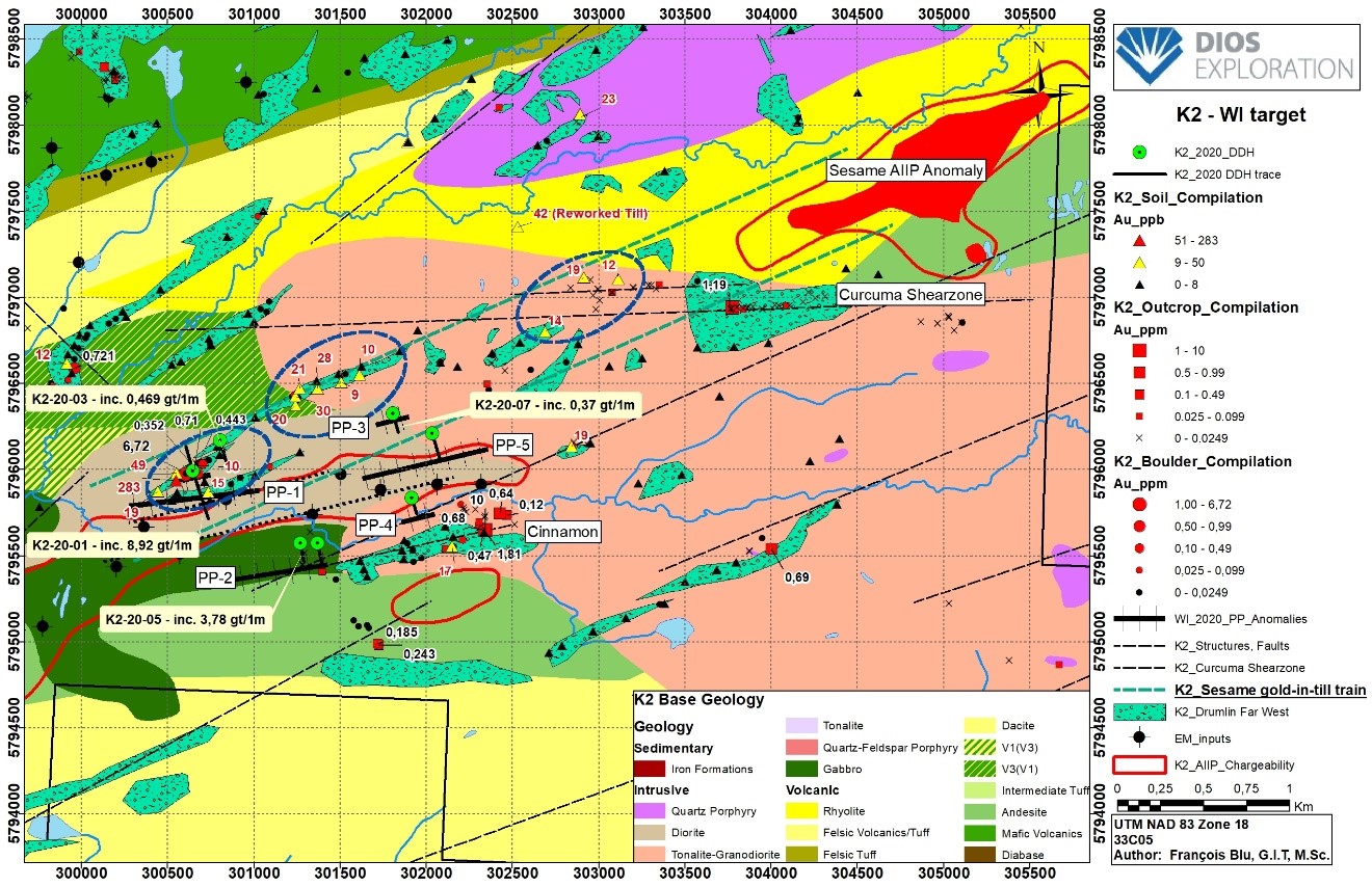 K2 Sesame gold glacial train pointing up-ice at 2 km long Sesame Airborne IP (AIIP)