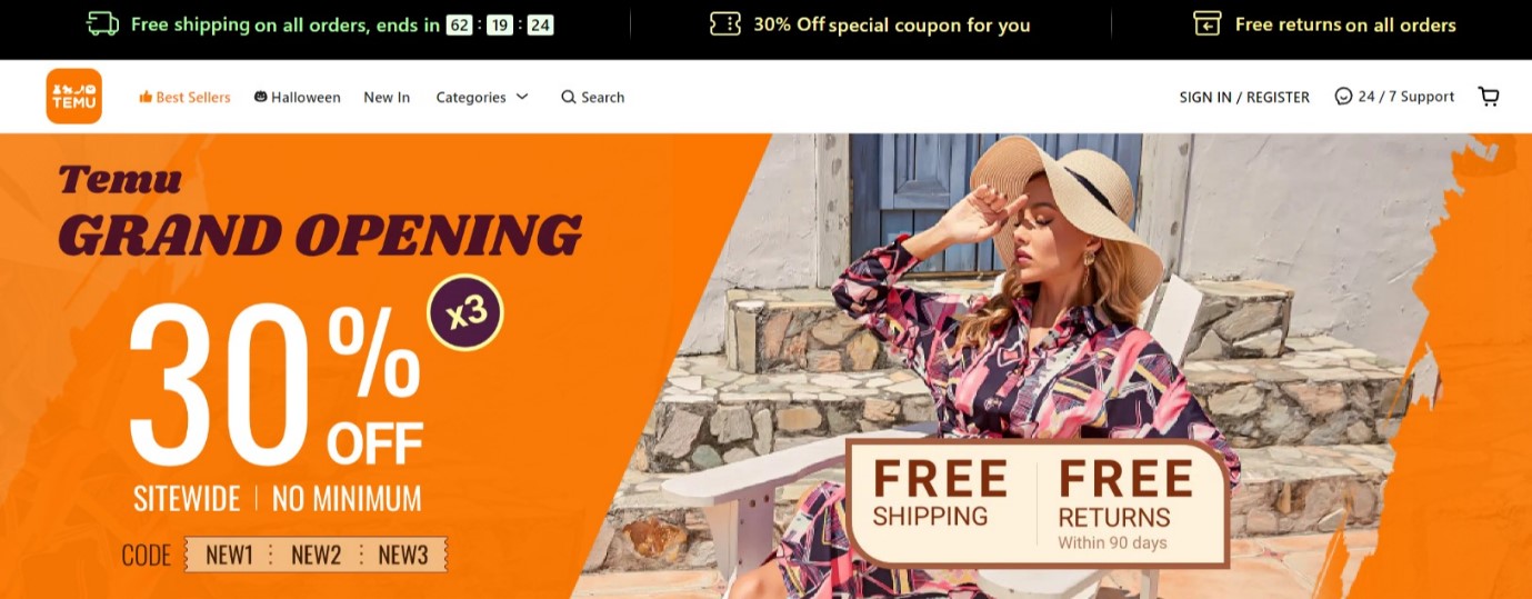 A screenshot of Temu's homepage advertising sitewide discounts and free shipping and returns