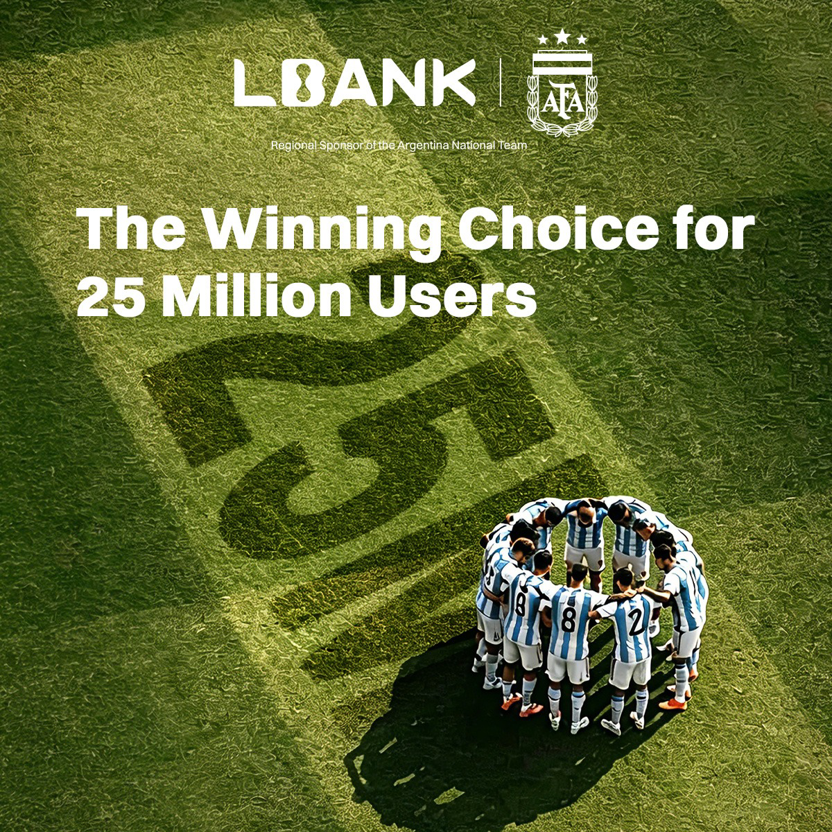 LBank and AFA co-branded poster featuring the Argentina national football team huddle on a grass field