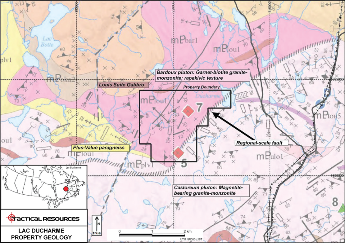 Figure 2 Lac Ducharme Geology - red diamond shapes indicate two anomalous samples returned during 2013 sampling.