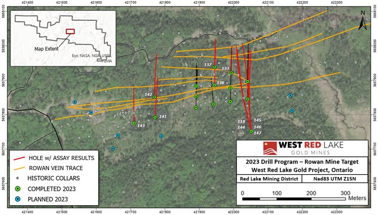 Rowan drilling completed to date. Traces for holes with assays highlighted in this news release shown in red. Traces for holes with assays previously reported shown in black.