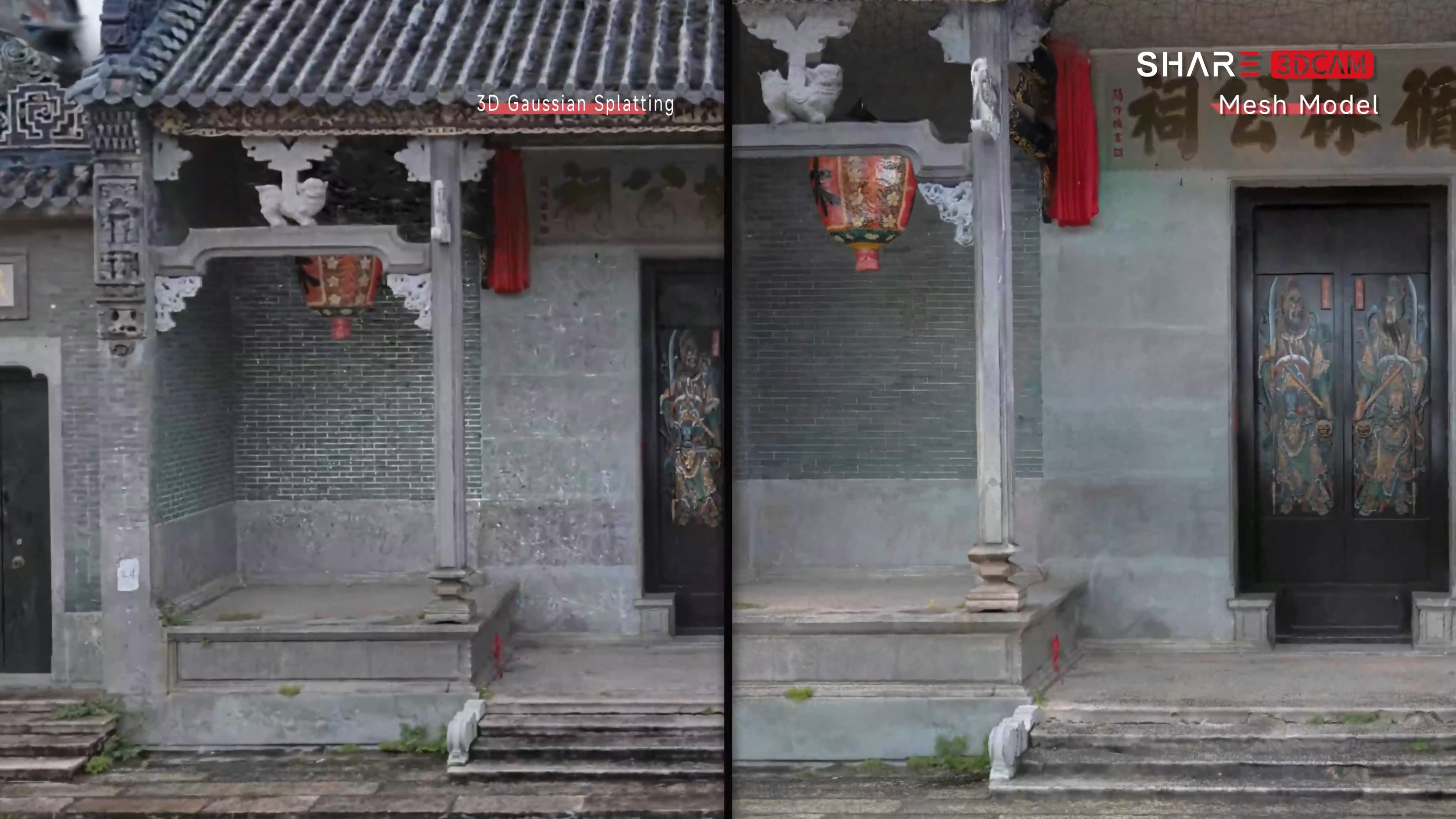 Comparison of 3D Gaussian Splatting (3DGS) and mesh model outputs created from C10 capture data for a historic building facade.