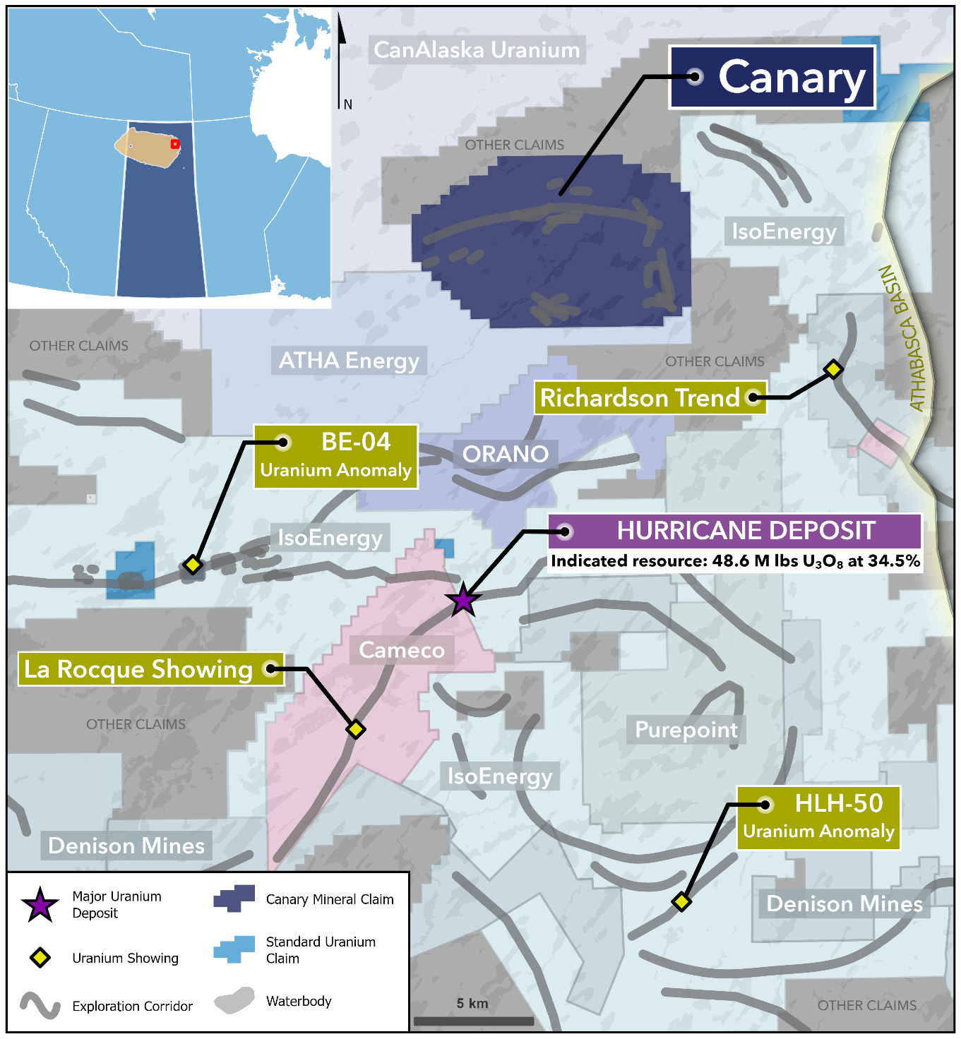 Overview of northeastern Athabasca Basin region, highlighting the Canary Project. Hurricane Deposit Indicated Resource from IsoEnergy Ltd. Technical Report on the Larocque East Project, Northern Saskatchewan, Canada. Dates July 8, 2022.