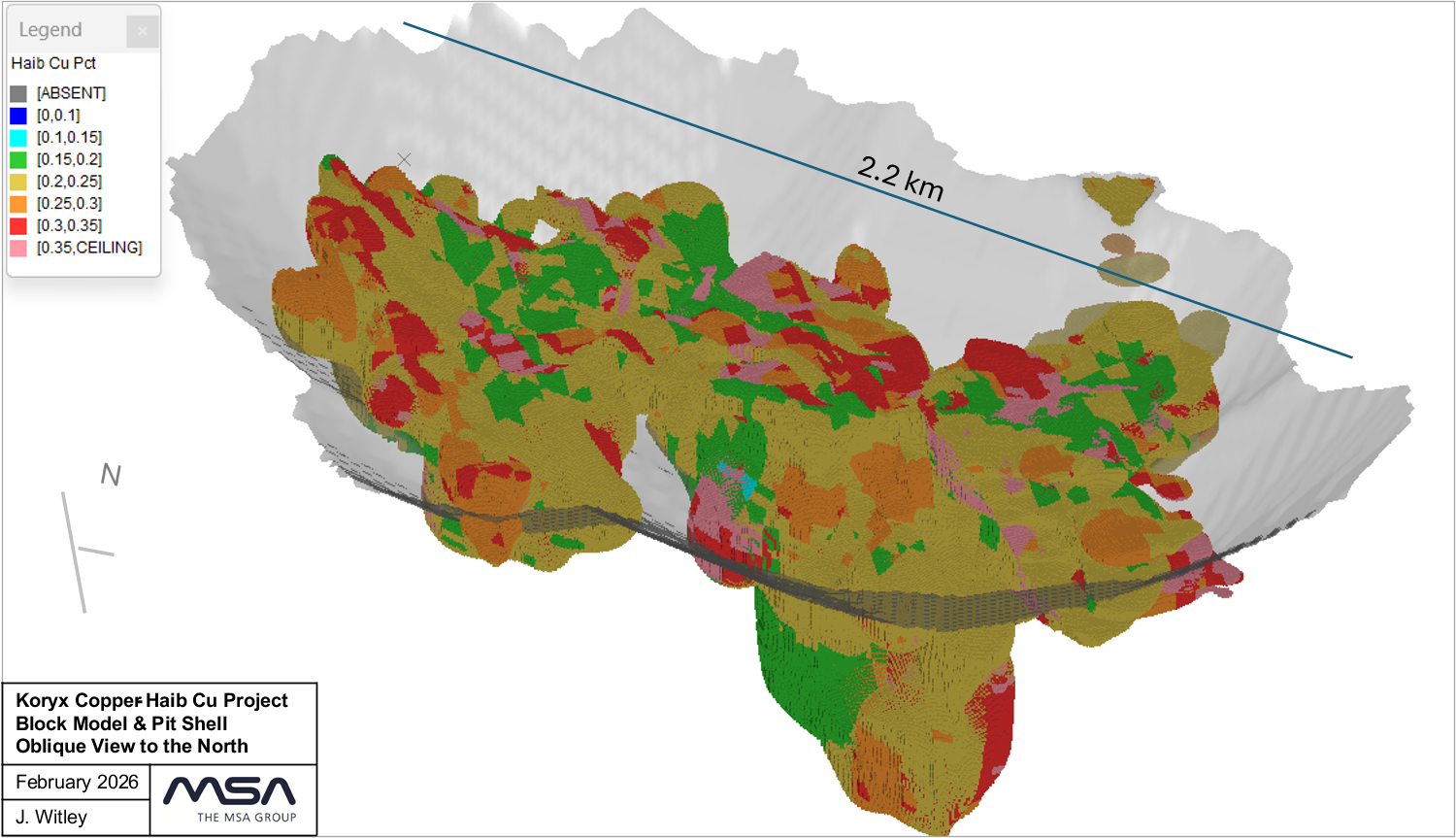 Figure 4. Haib resource pit shell and block model – oblique view to the north