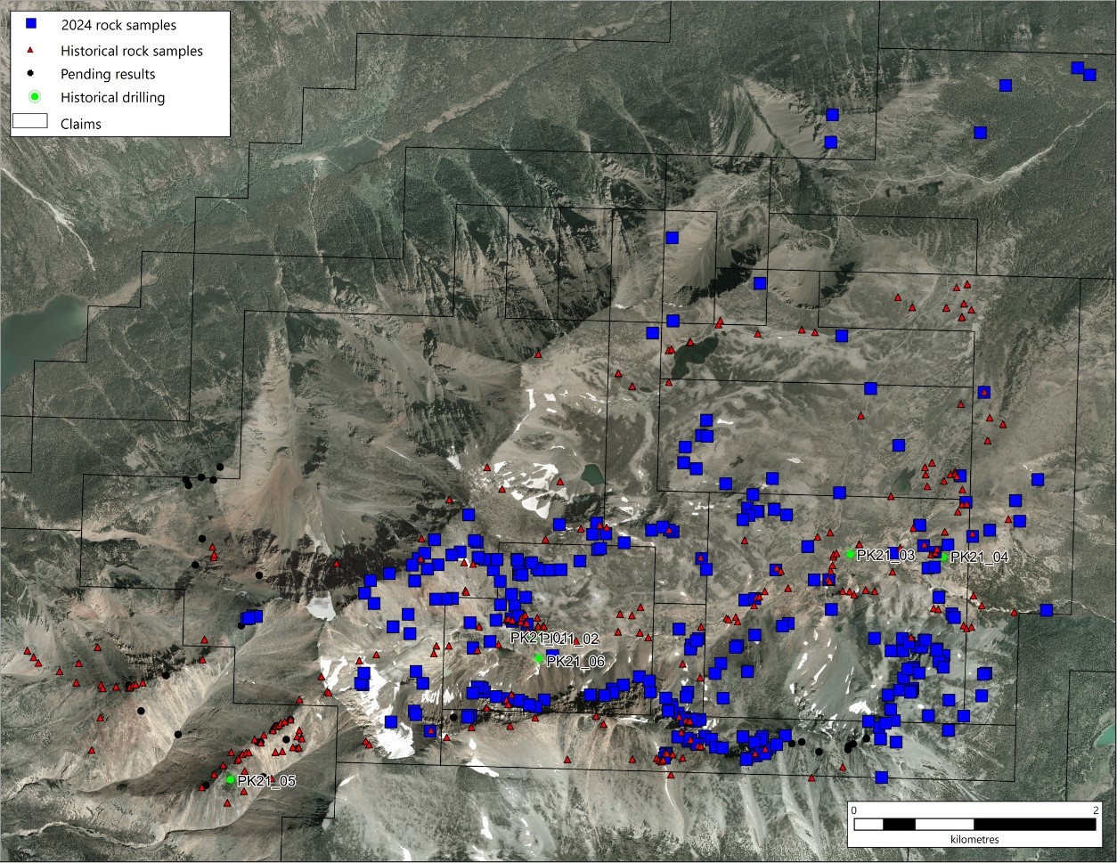 Location of historical samples vs Sable’s 2024 rock samples.