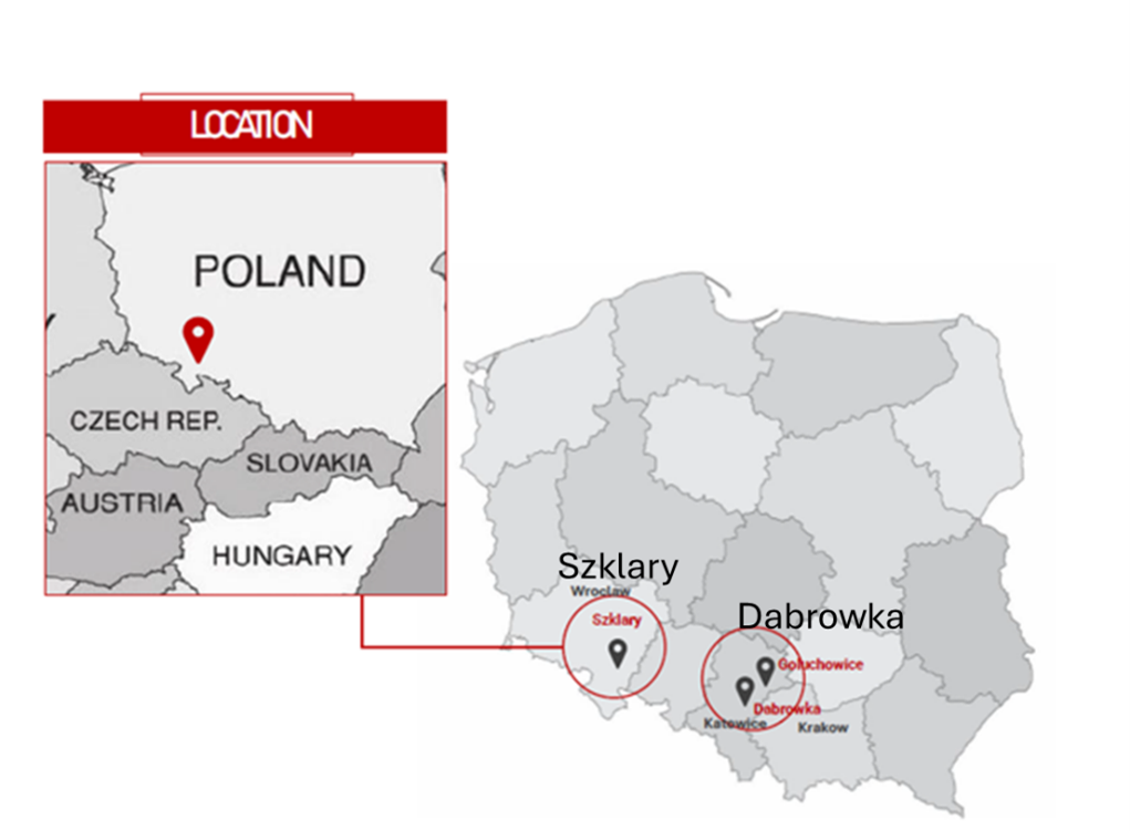 Map showing Szklary and Dabrowka projects in southern Poland