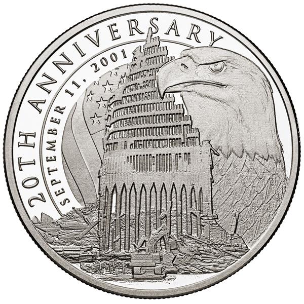 The front of the one-ounce pure silver collectible round: September 11th 20 Year Remembrance – memorializing the terrorist events of September 11, 2001 - showing the remains of the partially collapsed North Tower at ground zero, honorably draped in the presence of the American bald eagle and countered by the American flag. The 9/11 date and the words 20th Anniversary are minted on the face and the foreground shows an earthmover clearing the rubble. #OsborneMint #USA #911memorial #911 #WTC | www.OsborneMint.com