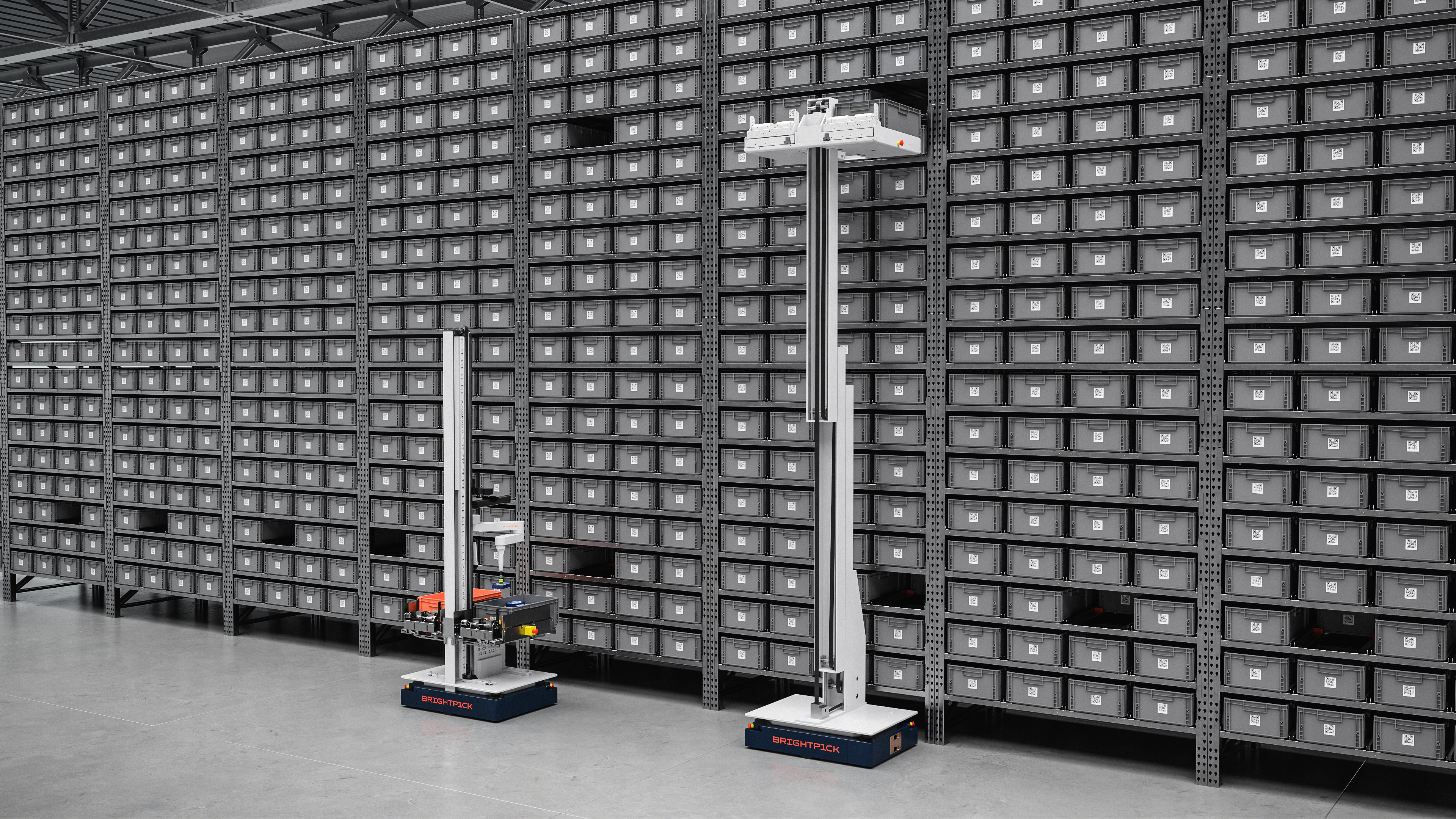 Brightpick Giraffe works alongside Brightpick Autopicker robots, retrieving storage totes from upper-level shelf locations and delivering them to lower levels, where an Autopicker can access them for picking up to a height of 11 feet (3.4 meters).