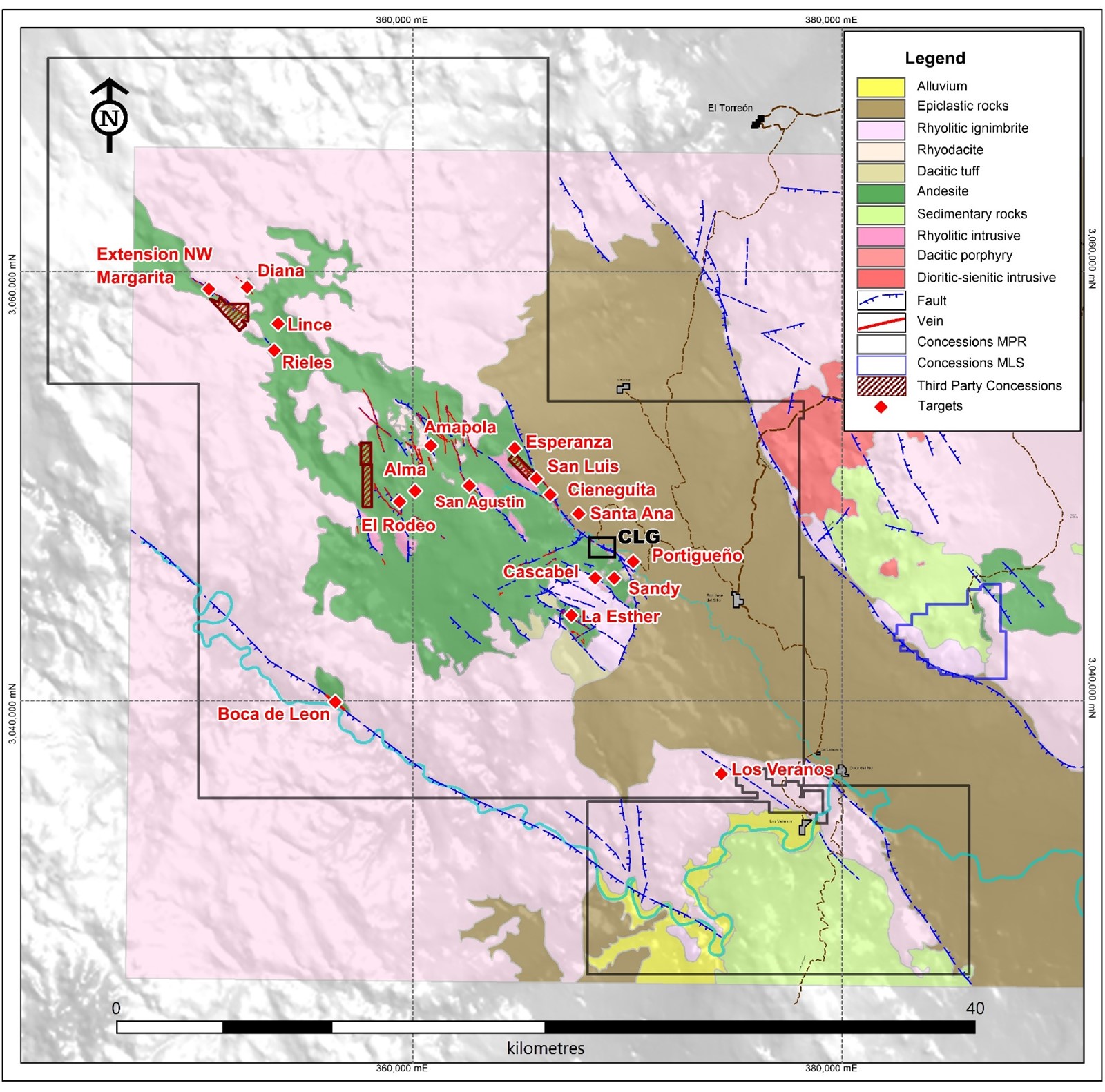 Figure 9: Plan view of the Los Gatos district with select prospects and high priority drill targets