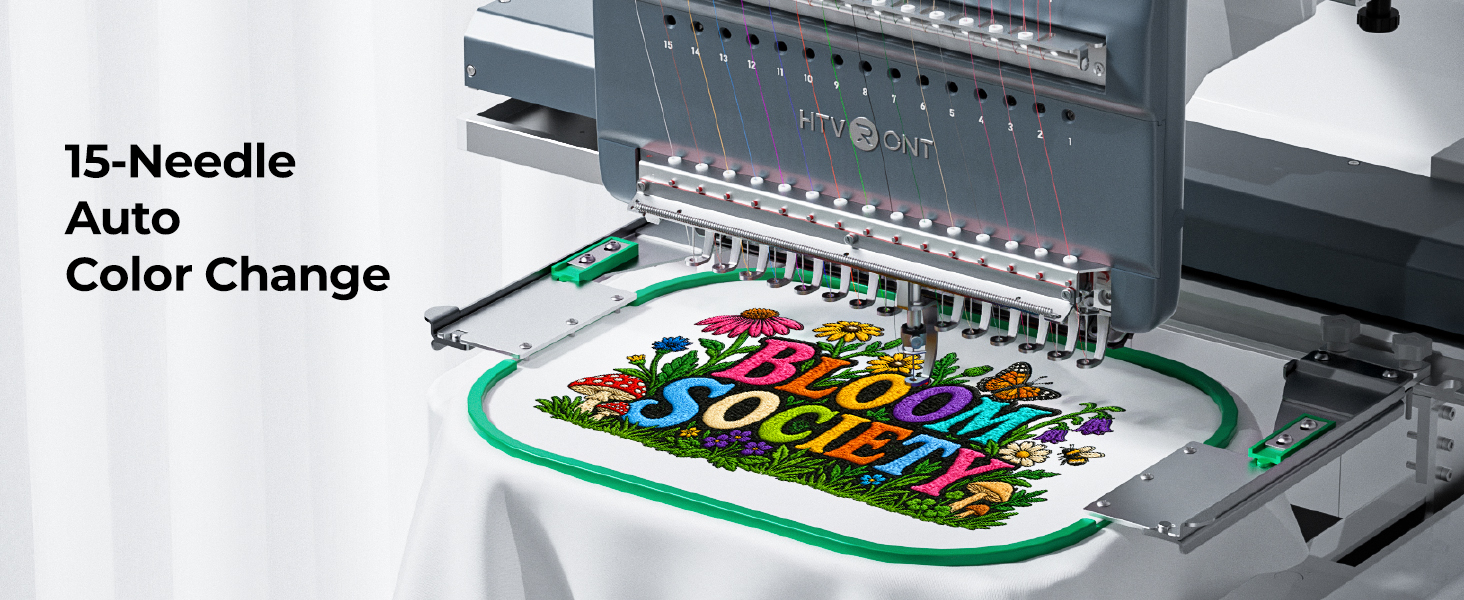 HTVRONT E15 15-Needle Embroidery Machine stitching a multicolor design with automatic color changing
