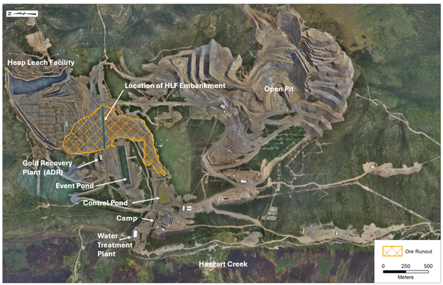 Aerial view of Eagle Gold mine - extent of June 24, 2024 HLF incident outlined in yellow