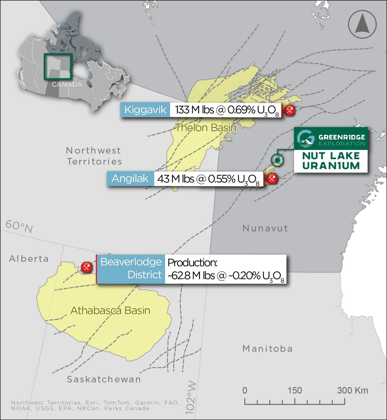 Map showing location of Thelon Basin with respect to Athabasca Basin and the Beaverlodge Uranium district.
