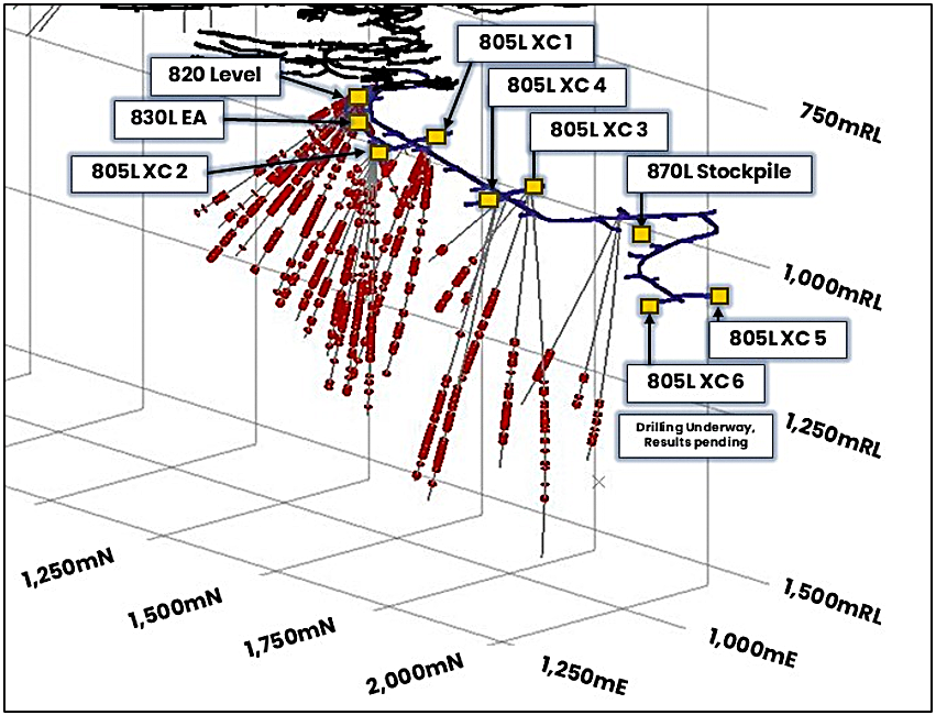 Figure 3: Isometric view of drill positions in the 805L Exploration drill drive. Drill results from this announcement are shown with copper assays >0.5% shown in red.