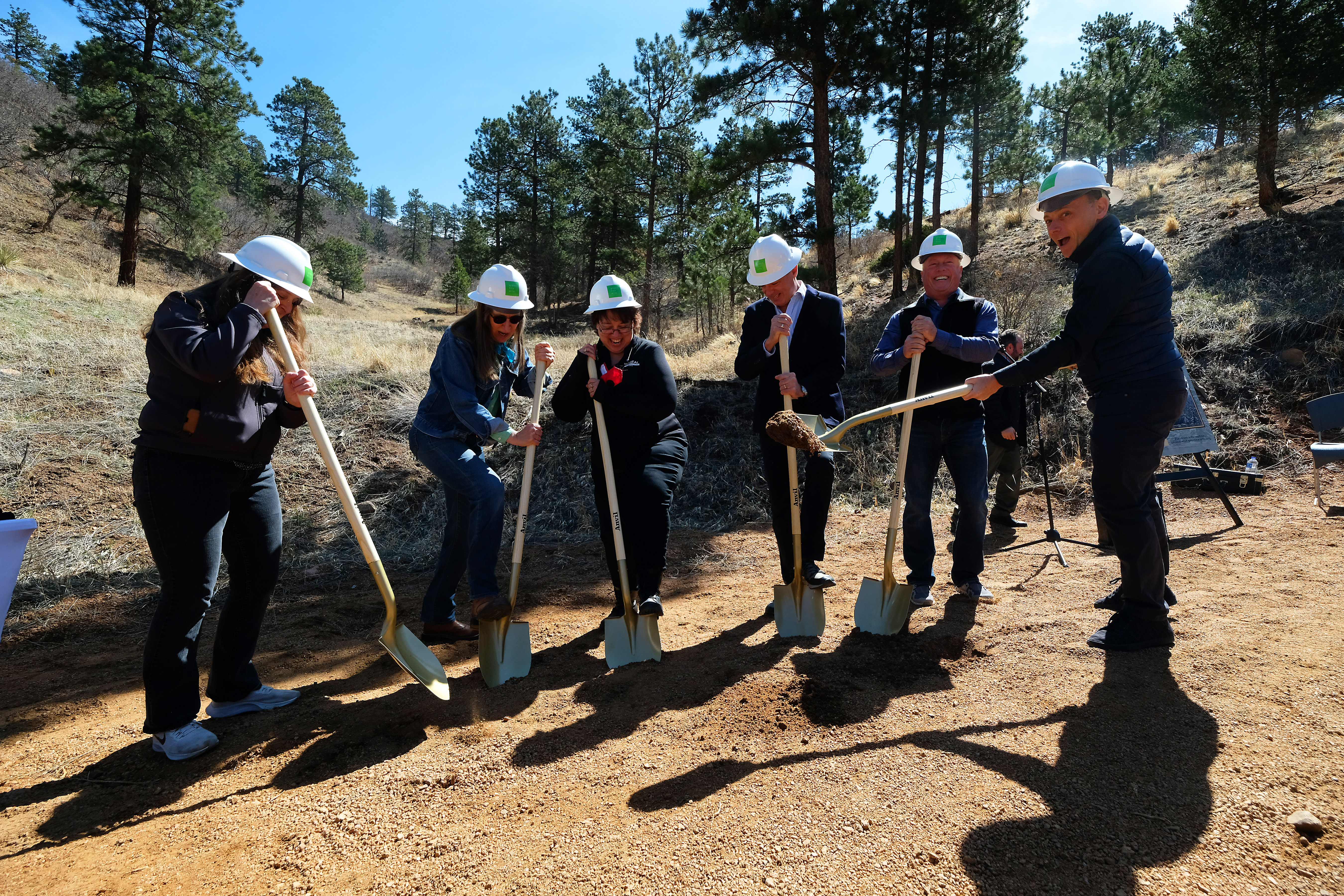 The first James Turrell Skyspace in Colorado broke ground Saturday in Green Mountain Falls, Colorado. Pictured from left to right: Mayor Jane Newberry; Town Council members Katherine Guthrie and Margaret Peterson; Green Box cofounder Christian Keesee; Skyspace Project Manager Jesse Stroope; Green Box cofounder Larry Keigwin. Photo by: Tom Kimmell Photography, Colorado Springs.