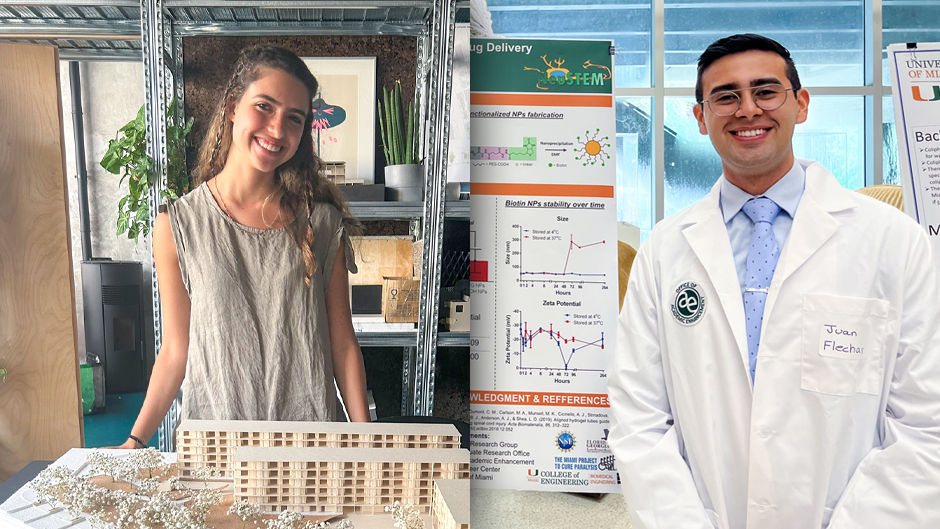 Architecture student Nicole Daitschman, left, and Juan Fernando Flechas Beltran, a biomedical engineering major, received support for their internships through the Angelo Family Endowment Fund.