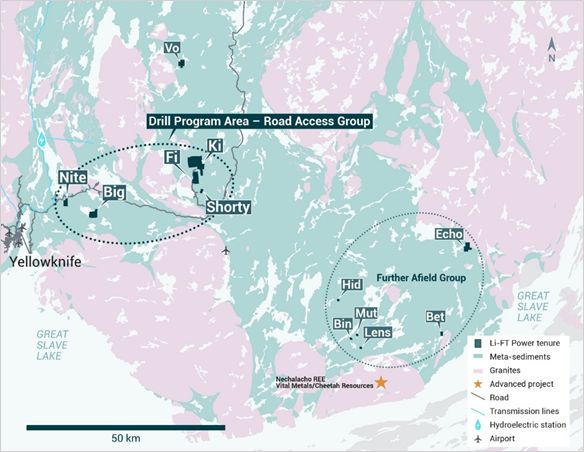 Location of LIFT’s Yellowknife Lithium Project. Drilling is focused on the Road Access Group of pegmatites which are located to the east of the city of Yellowknife along a government-maintained paved highway, as well as the Echo target in the Further Afield Group.