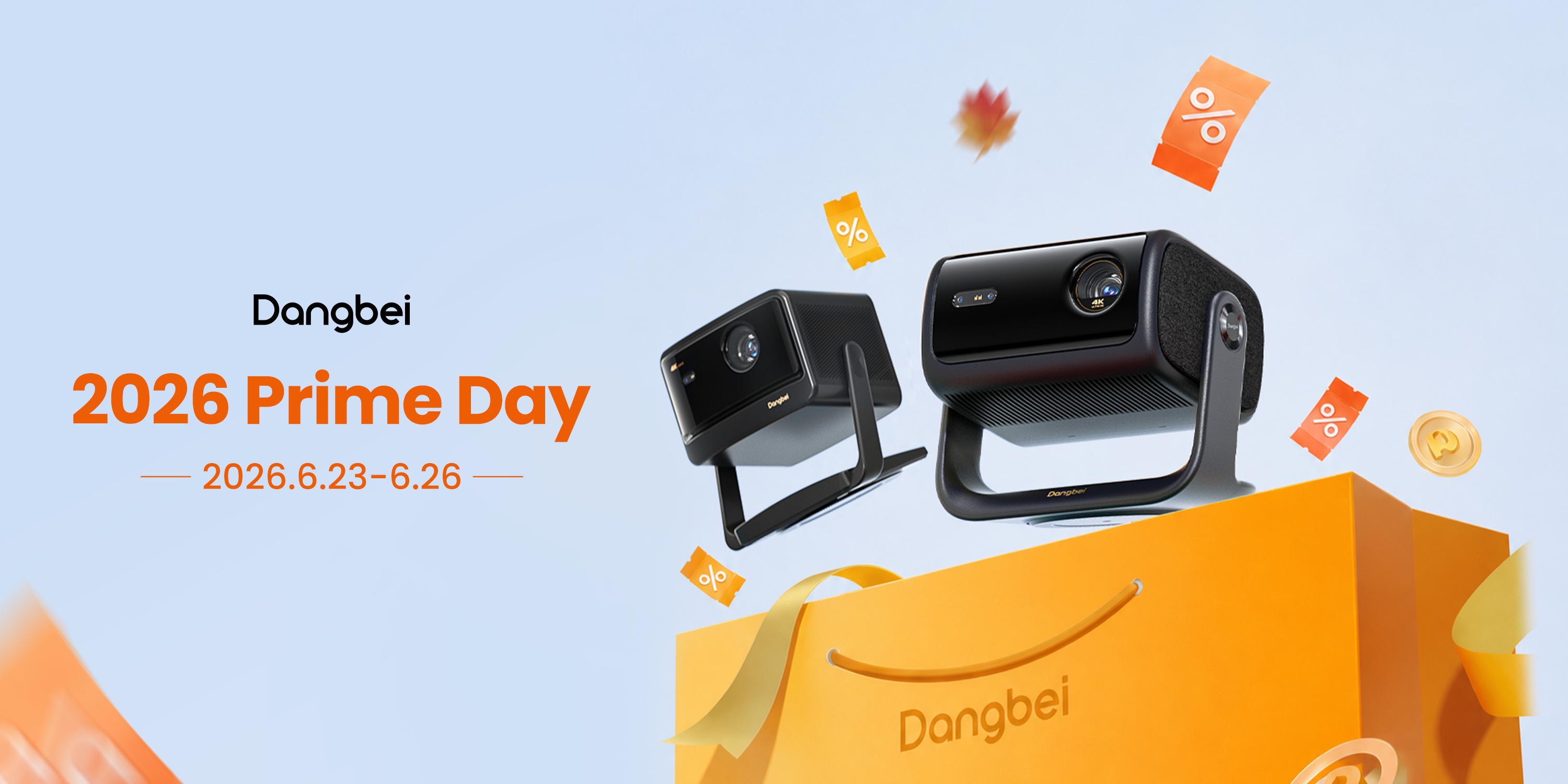 Dangbei 2026 Prime Day promotional banner showing 4K laser projectors and up to 50% off deals, June 23–26.