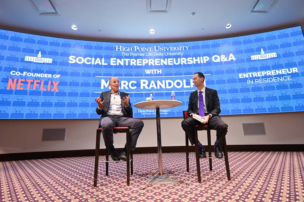 Marc Randolph, Co-Founder of Netflix and High Point University’s Entrepreneur in Residence, participated in an interactive Q&A session with students on social entrepreneurship, moderated by Dr. Joe Blosser, Robert G. Culp director of Service Learning.
