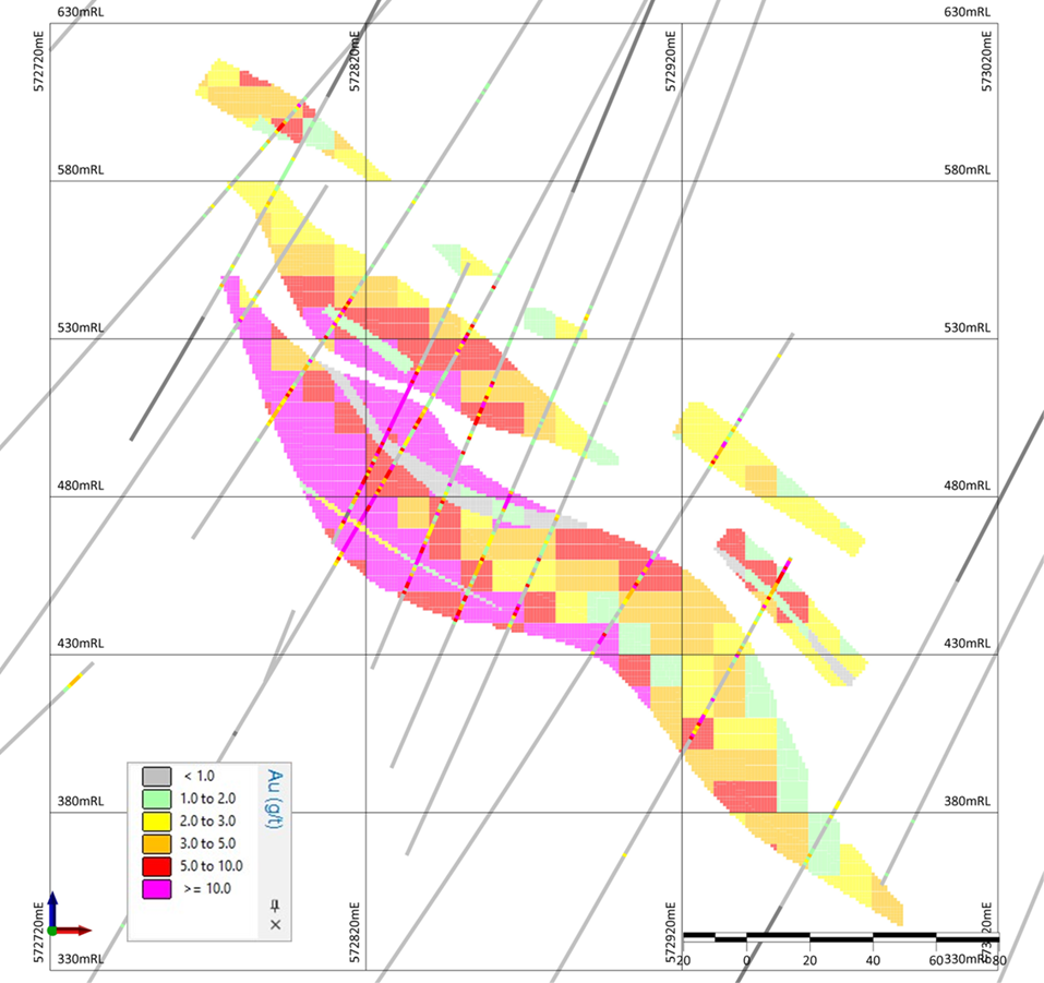 Cross section through the block model of Coka Rakita, showing blocks coloured by Au g/t. Section line 4895859mN with 30 metre window clipping, looking north.