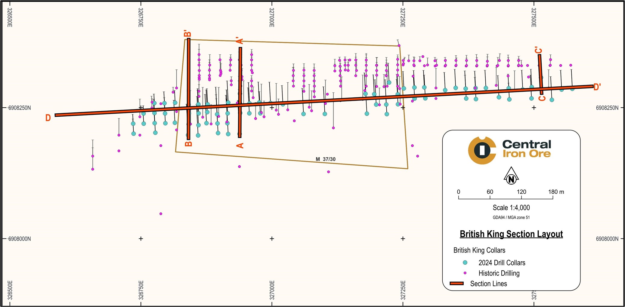 Section plan for the 2024 Phase 1 and historical drilling