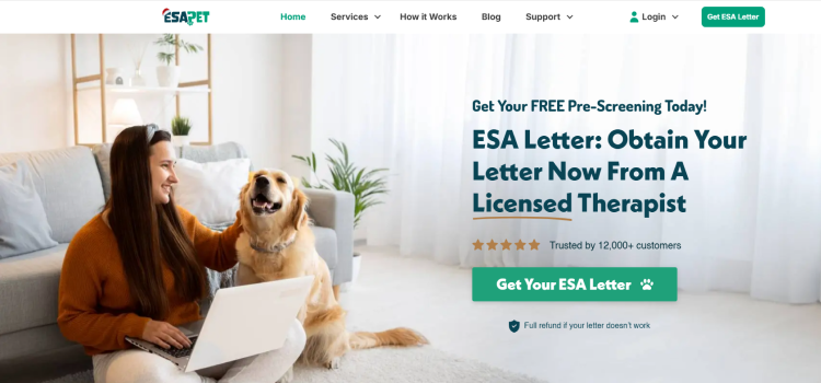 A woman with a dog beside her, using a laptop to access ESA letter services.