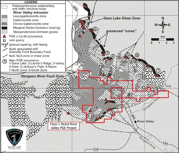 Generalized geology of the River Valley Intrusion (RVI) and the location of the claims (red boundary) that constitute the River Valley PGE Project and the main PGE-(Cu-Ni) occurrences (red triangles). Occurrence #8, labelled the South Zone, is referred to now as the Crerar PGE Trend (modified from Jobin-Bevans, 2004). 