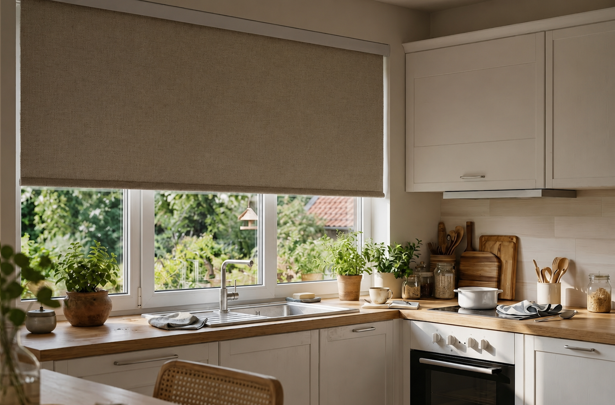 Cozy kitchen interior with a textured beige roller shade over the window and plants near the sink