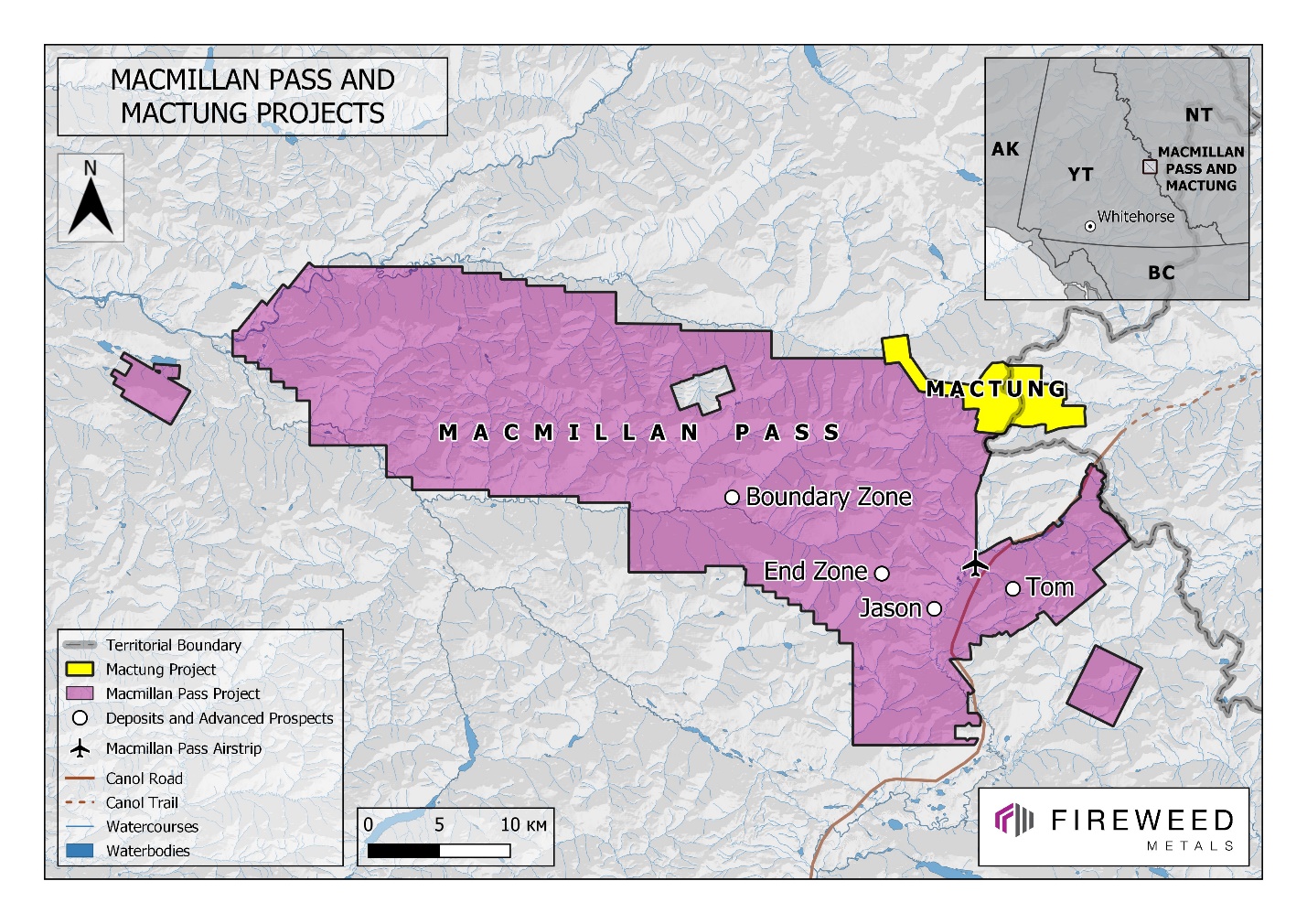 A colored map showing the Macmillian Pass Project in purple and Mactung Project in yellow.