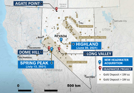 Figure 1: Location of the Highland Project and other Headwater Nevada projects