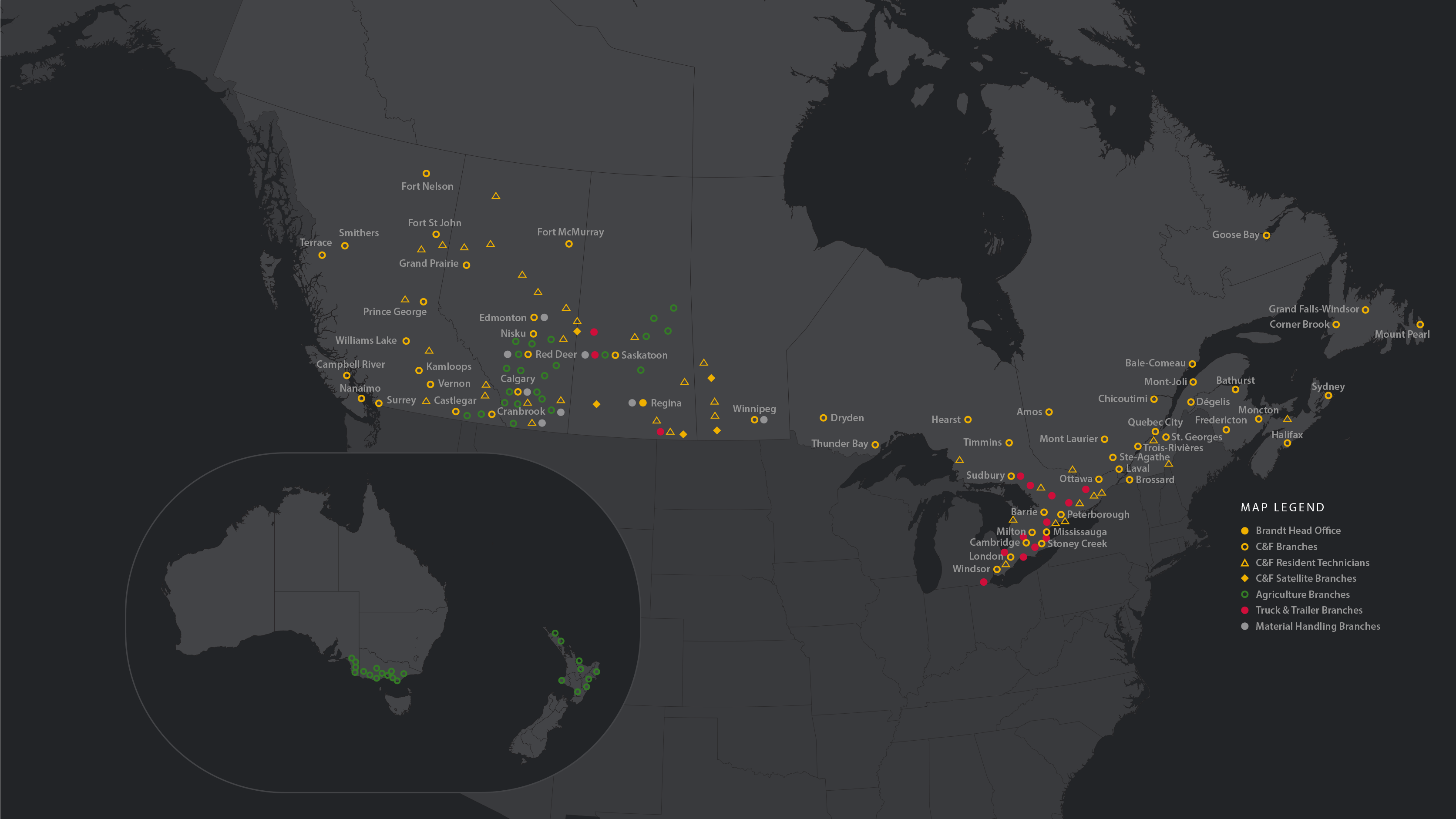 Map showing Brandt locations in Canada, the U.S.A., Australia and New Zealand.