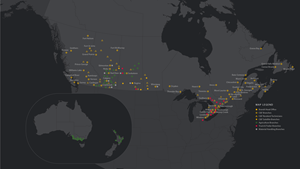 Carte montrant les emplacements Brandt au Canada, aux États-Unis, en Australie et en Nouvelle-Zélande.