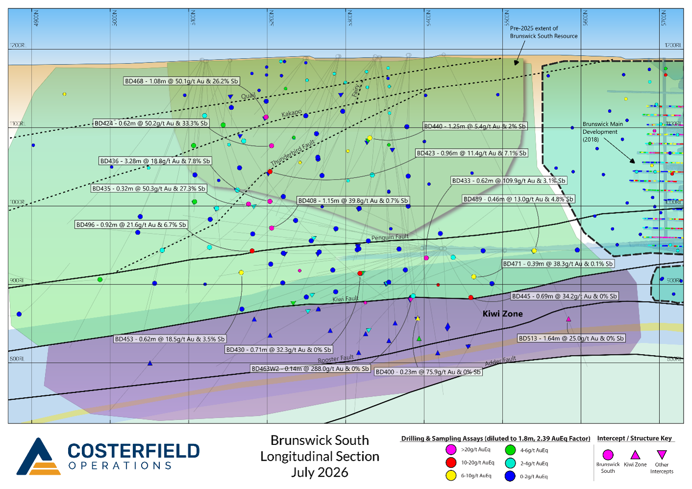 Long Section of the Brunswick South deposit with major vein target envelopes displayed, recent drill traces and> 6g/t AuEq new intercepts labelled. Older significant drill intercepts are displayed as smaller, unlabelled icons. 