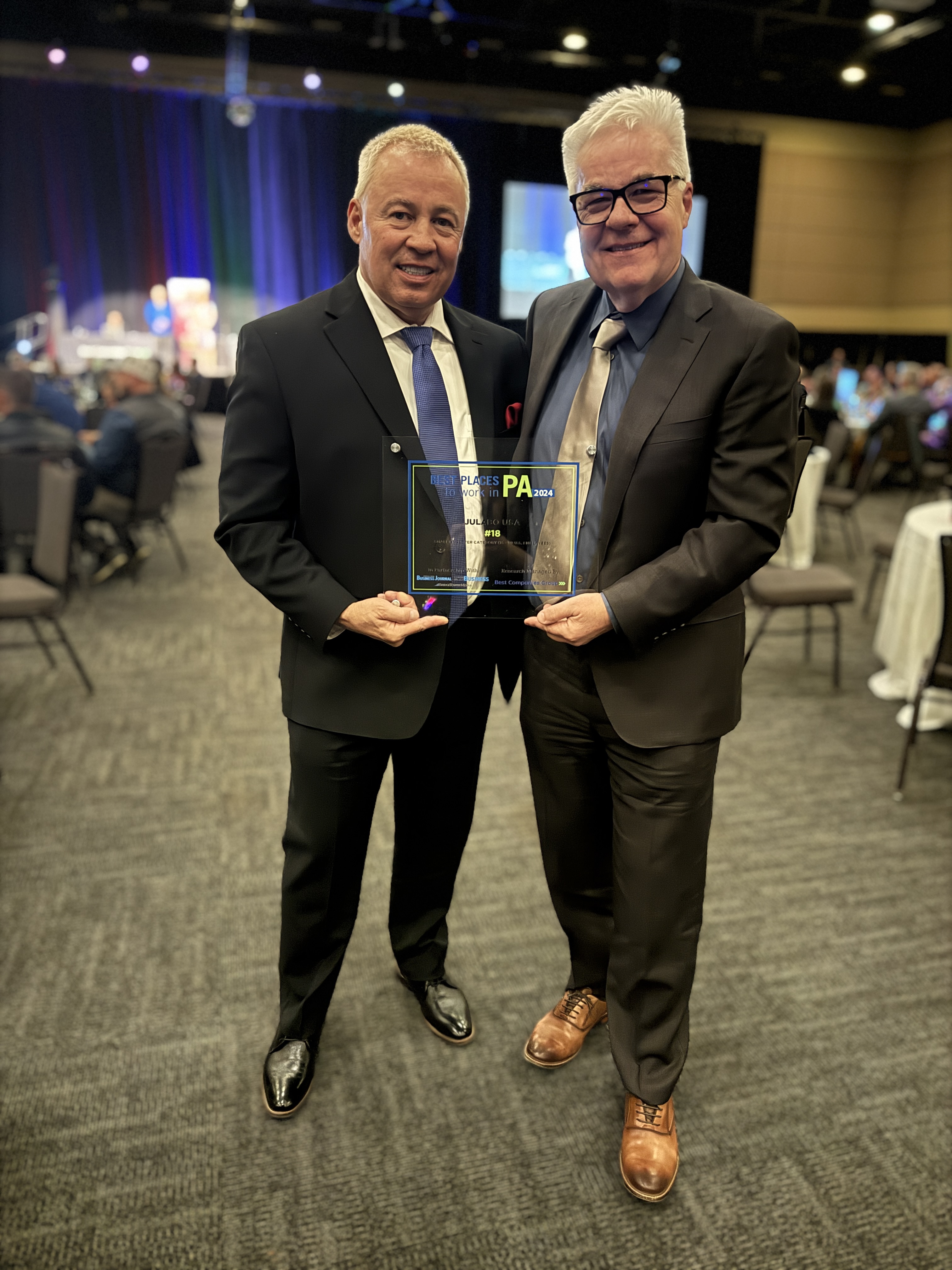 JULABO USA President Ralph Juchheim and Vice President of Sales, Marketing and Service Dirk Frese receive the award for Top 20 (#18) Best Places to Work in PA in the Small Employer category.