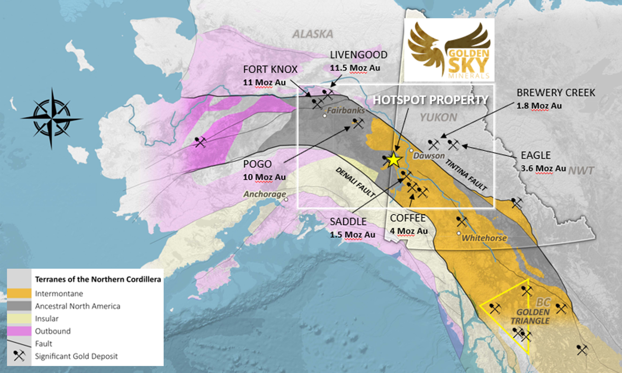 Hotspot property location in the Yukon Territory. The property is located within the Tintina Gold Belt, which hosts numerous multi-million-ounce gold deposits in the Yukon and Alaska. The Tintina Gold Belt includes the deposits shown here.