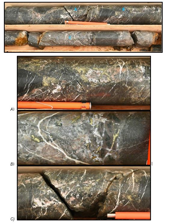 select core intervals from first hole showing chalcopyrite mineralization (A, B & C).