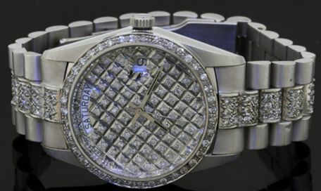 Italian heavy 14k gold 5.0ct diamond cluster Dial Day Date automatic men’s watch. Sold for $5,500