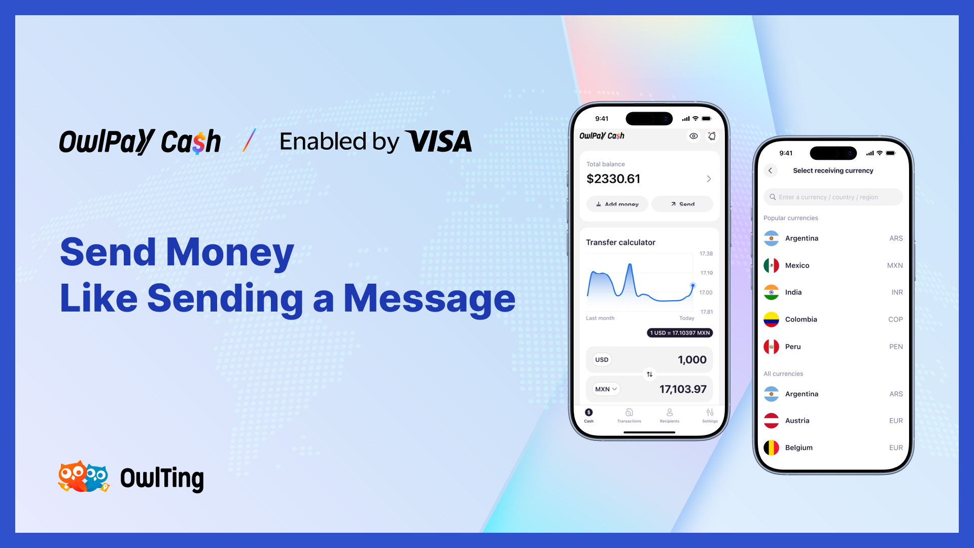 OwlPay Cash app interface for U.S. to Mexico and India remittance