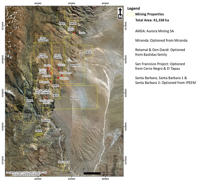 San Francisco project mining rights and the main prospects. Red stars show the targets to be drilled in the next campaign.