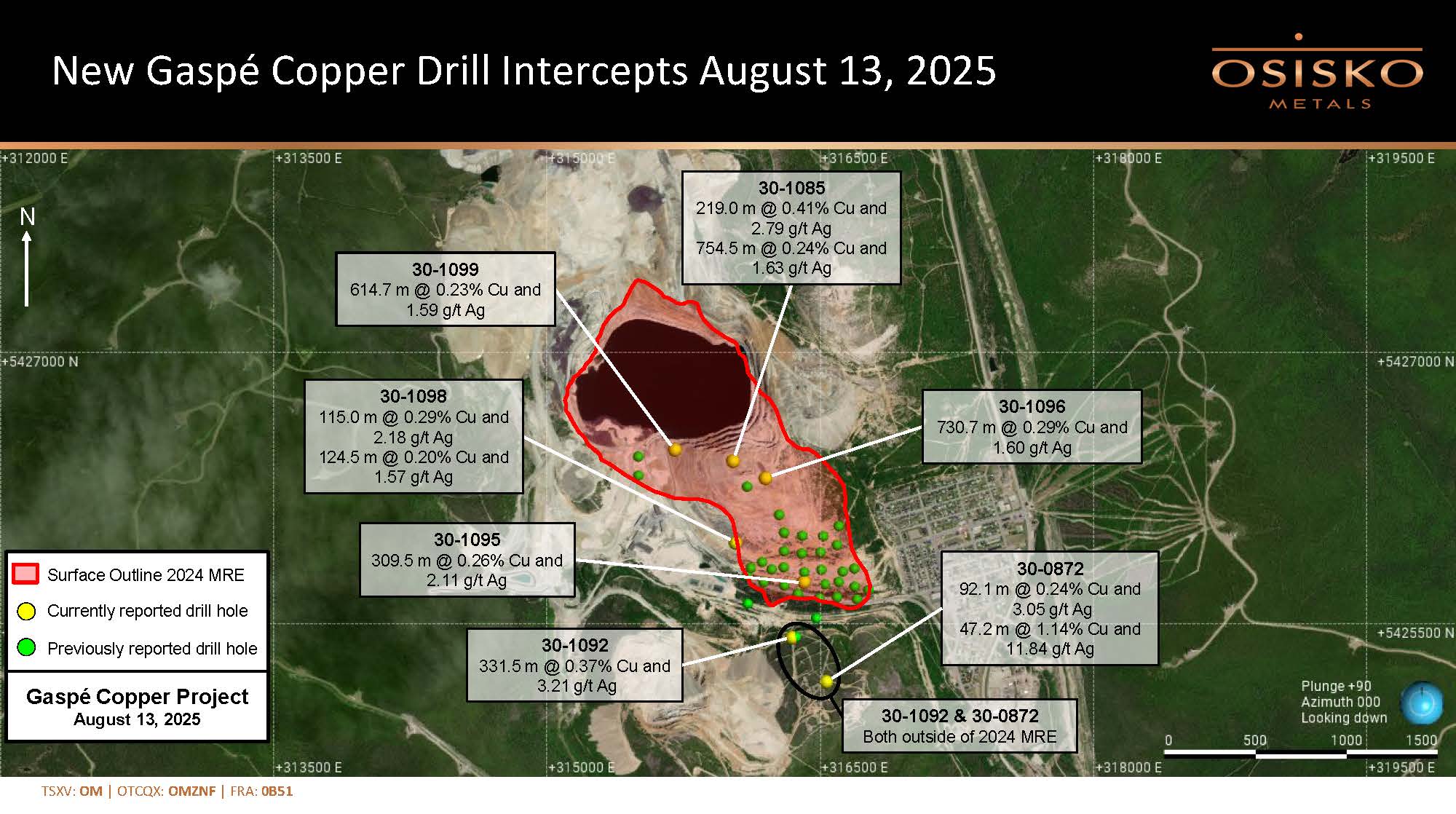 OM: New Gaspé Copper Drill Intercepts (plan view) August 13, 2025