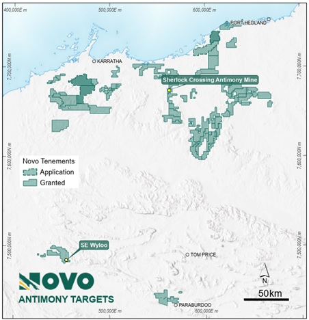 Figure 2: Location map of the Sherlock Crossing antimony mine and SE Wyloo targets.