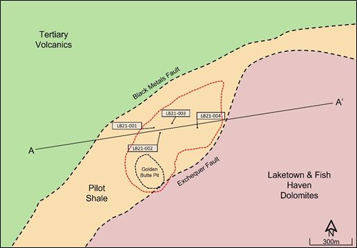 Figure 2: Plan view of the Resurrection Ridge area at Limousine Butte. Red dashed lines represent Au zones of 0.1g/t defined from historical drilling. Limited historical drilling outside these zones indicates the potential for additional mineralization.