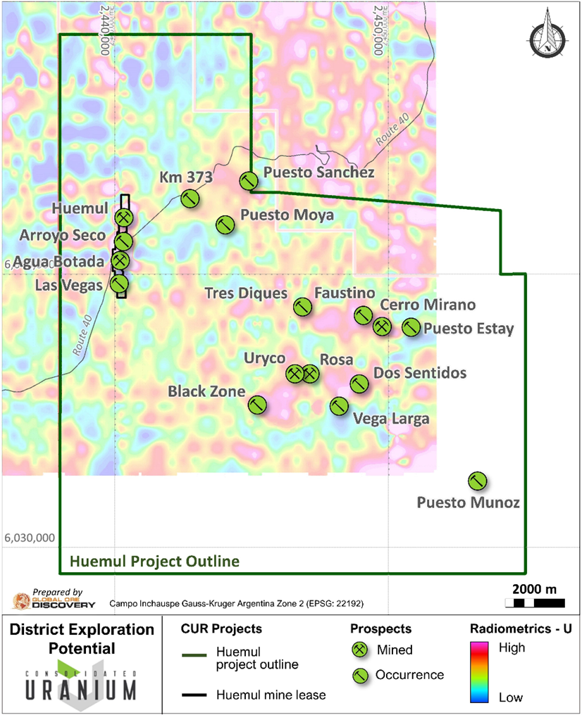 Map showing historic Uranium-channel radiometrics and prospects within the Huemul Project area