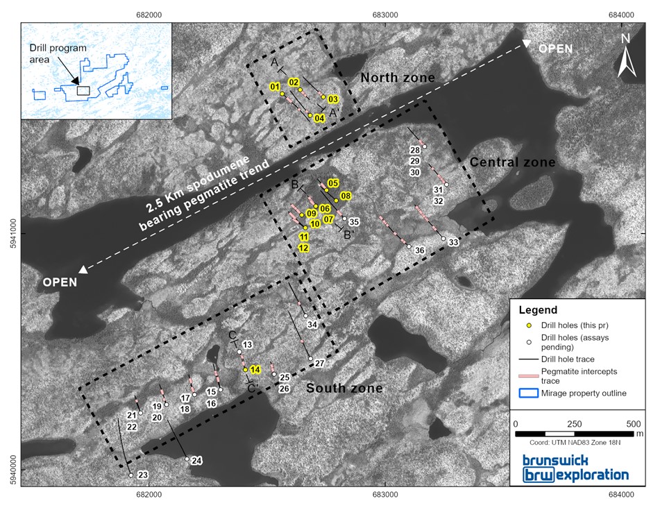 Plan de surface du projet Mirage montrant les sondages forés jusqu’à présent