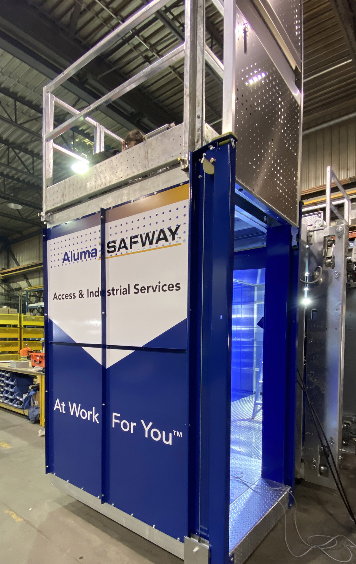 The elevator, which will be installed on the Canada bridge site in Windsor, Ontario, in the AlumaSafway fabrication facility.