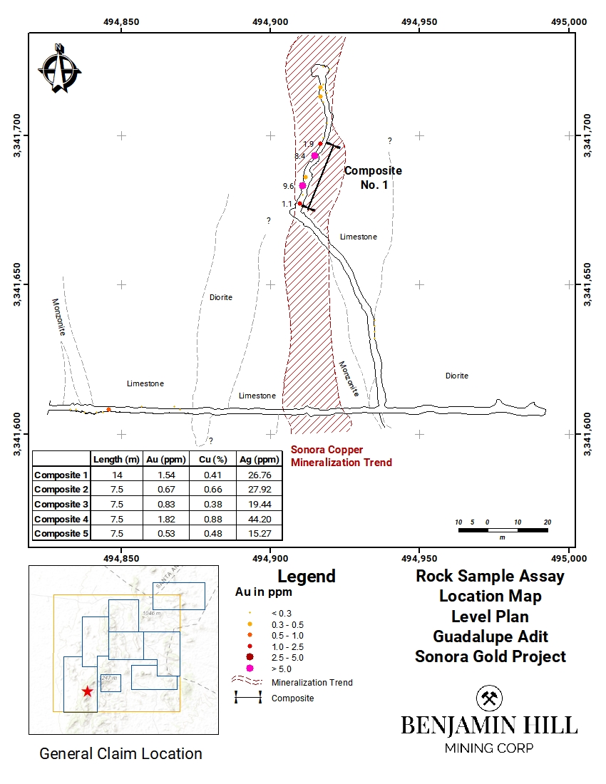 Figure 1 Location of Channel Samples and Composite Samples in the Guadalupe Adit.: Rock Sample Assay Location Map Level Plan Guadalupe Adit Sonoro Gold Project.